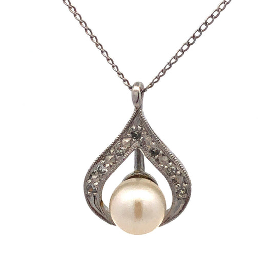 Designer 14K White Gold Pearl Diamond Bridal June Anniversary Pendant Necklace