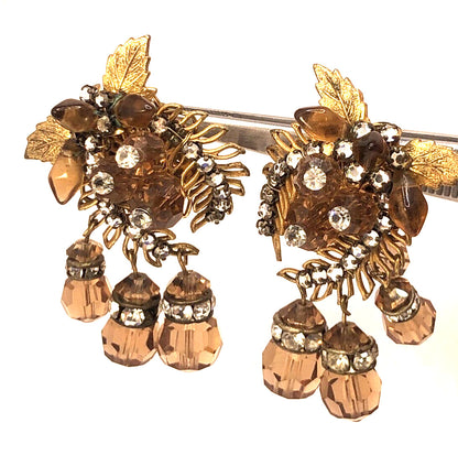 Mid Century Copper Tone Rhinestone Statement Dangle Clip On Stud Earrings