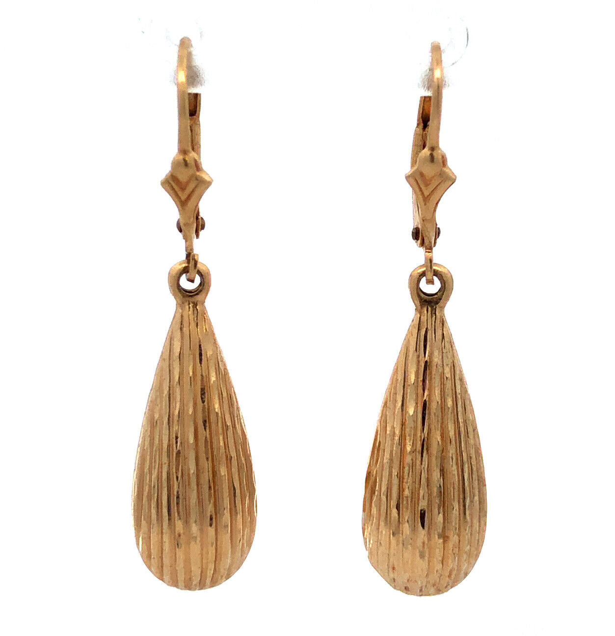 Designer 14K Yellow Gold Textured Teardrop Dangle Drop Leverback Earrings