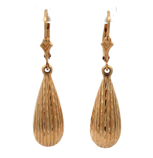 Designer 14K Yellow Gold Textured Teardrop Dangle Drop Leverback Earrings