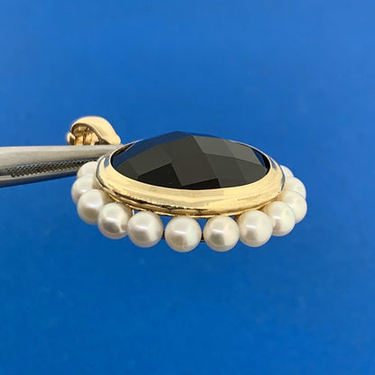 14K Yellow Gold Faceted Black Onyx Pearl Halo Statement Enhancer Pendant