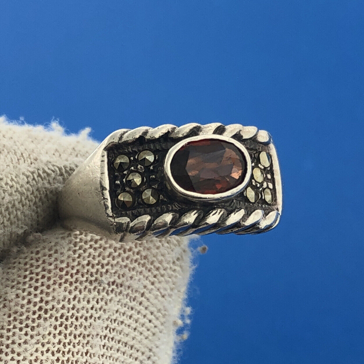 Designer NF 925 Sterling Silver Oval Garnet Marcasite January Birthstone Ring