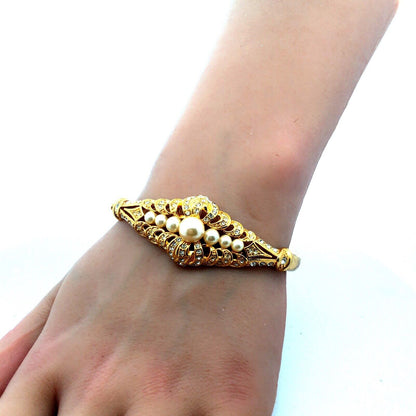 Vintage Barbara Mandrell Gold Tone Faux Pearl Rhinestone Hinged Cuff Bracelet