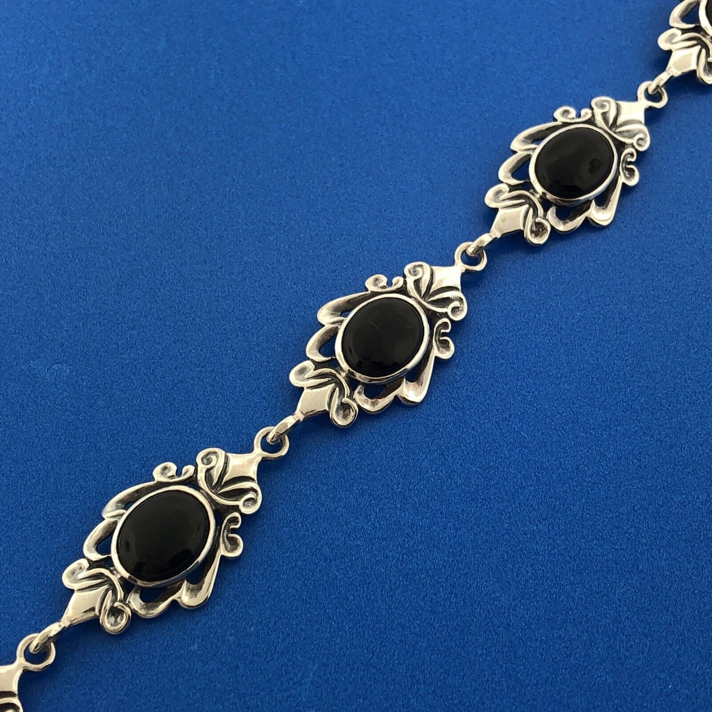 Estate Designer Sterling Silver 925 Black Onyx Scroll Panel Link Bracelet