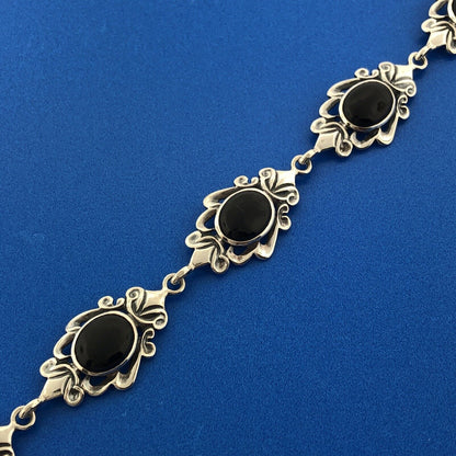 Estate Designer Sterling Silver 925 Black Onyx Scroll Panel Link Bracelet