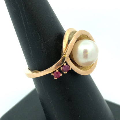 Modernist 14K Yellow Gold Pearl Ruby Accent Statement Cocktail Ring