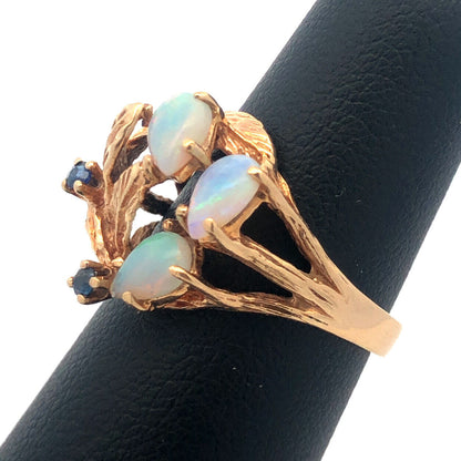 Vintage 10K Yellow Gold Opal Sapphire October Leaf Design Free Form Ring