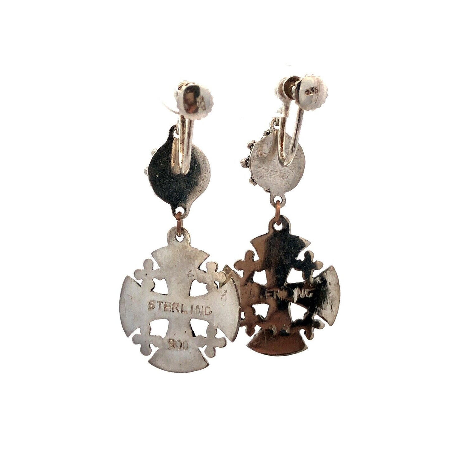 Vintage 900 Fine Silver Jerusalem Cross Detailed Clip On Dangle Earrings