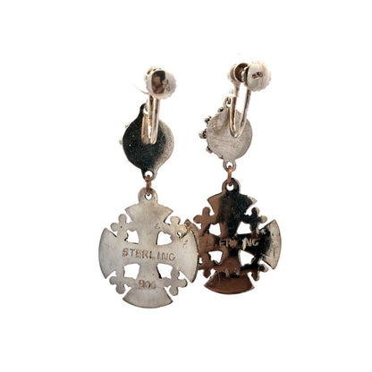Vintage 900 Fine Silver Jerusalem Cross Detailed Clip On Dangle Earrings