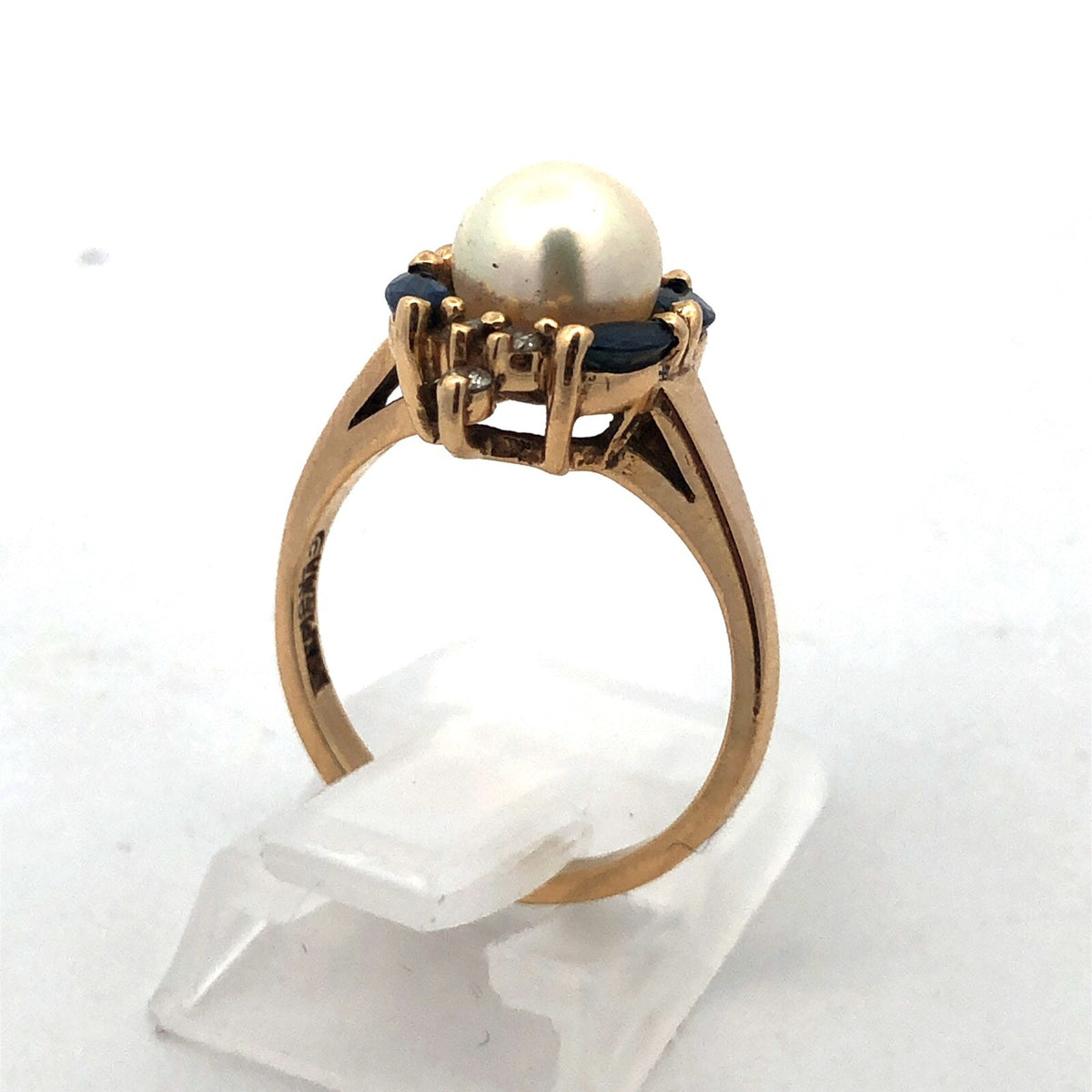 Designer 14K Yellow Gold Pearl Solitaire Sapphire Diamond Accented Cocktail Ring