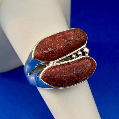 Designer CSX 925 Sterling Silver Red Coral Free Form Statement Double Dome Ring