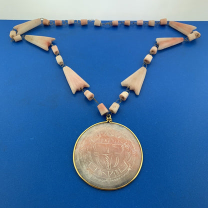 Retro Artisan Two Toned Carved Rose Quartz Beads Medallion Statement Necklace