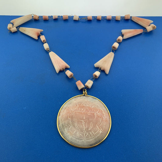 Retro Artisan Two Toned Carved Rose Quartz Beads Medallion Statement Necklace