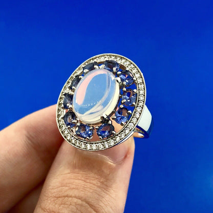 925 Sterling Silver Moonstone Tanzanite Diamond Double Halo Statement Ring