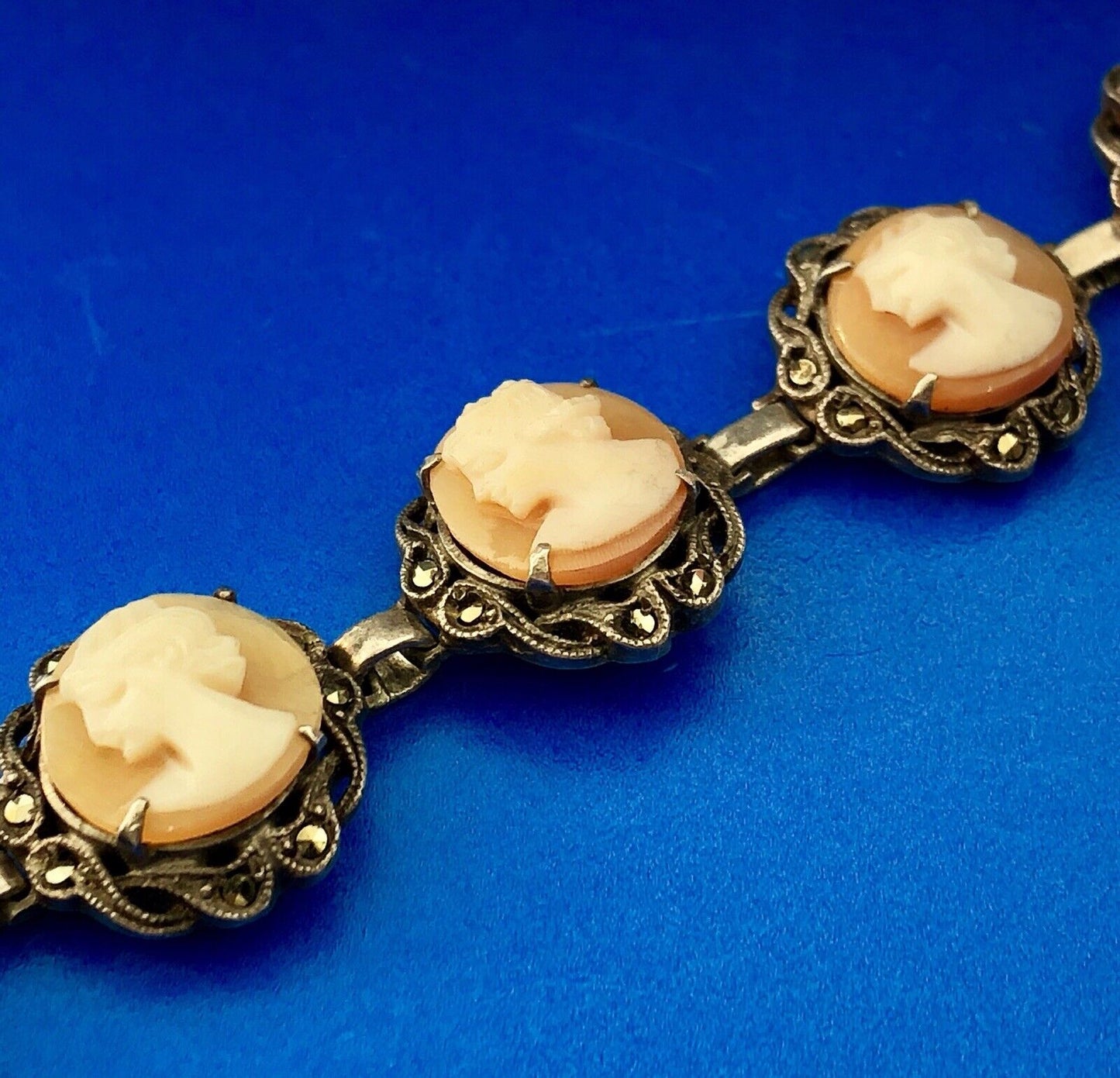 Art Deco Sterling Silver 925 Carved Cameo Marcasite Accented Panel Bracelet
