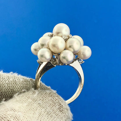 Gorgeous 14k White Gold Round Diamond White Pearl Cluster Statement Ring Size 4