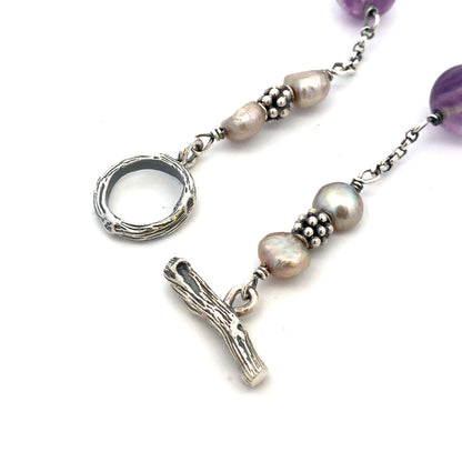 Retired Mignon Faget Sterling Silver Fences Cross Aquamarine Pearl Bead Necklace