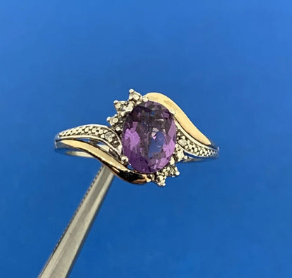 Designer 925 Sterling Silver 10K Gold Two Tone Amethyst Diamond Ring