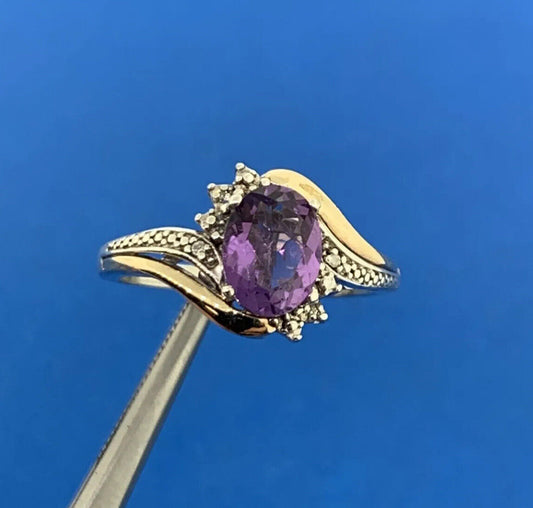 Designer 925 Sterling Silver 10K Gold Two Tone Amethyst Diamond Ring