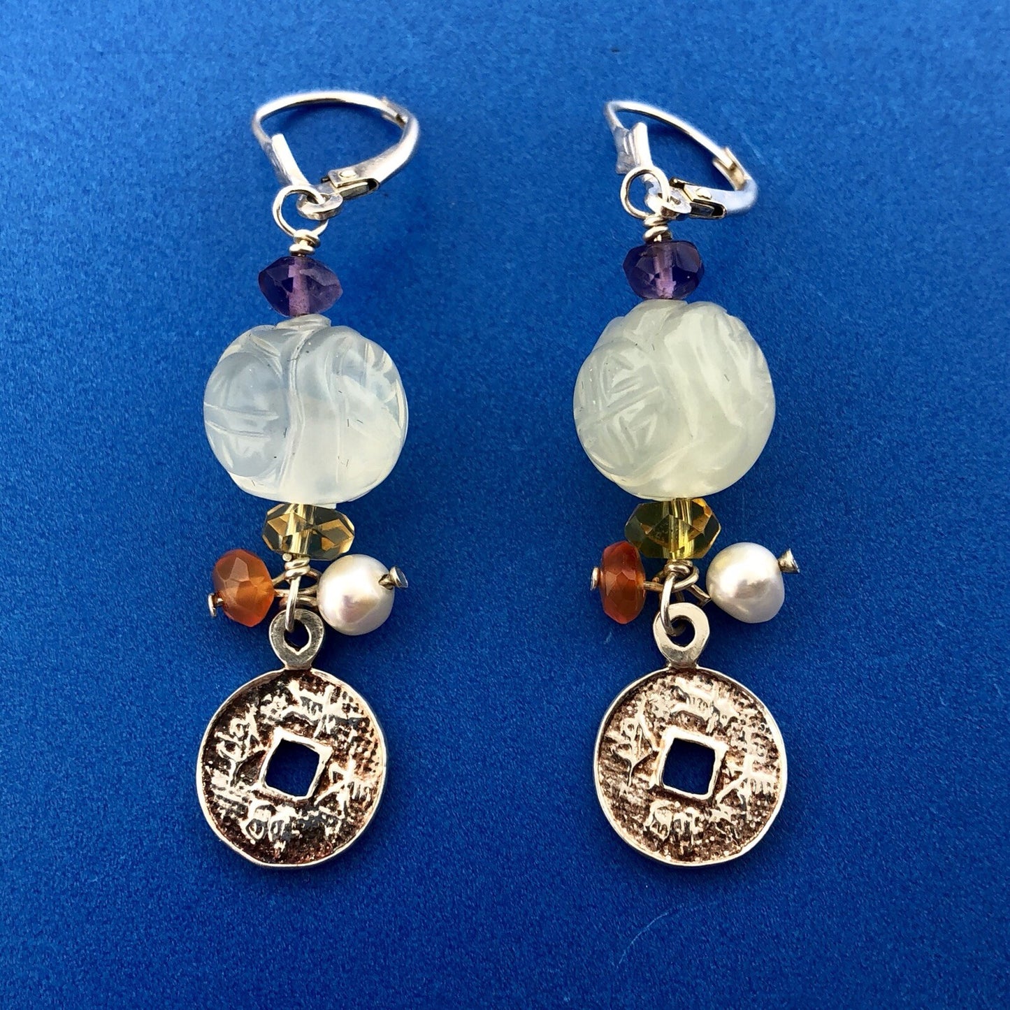 Designer Sterling Silver 925 Amethyst Citrine Pearl Art Glass Dangle Earrings