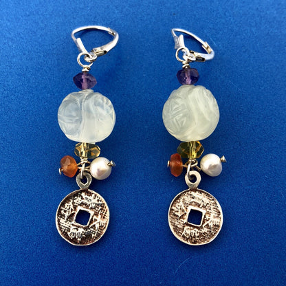 Designer Sterling Silver 925 Amethyst Citrine Pearl Art Glass Dangle Earrings