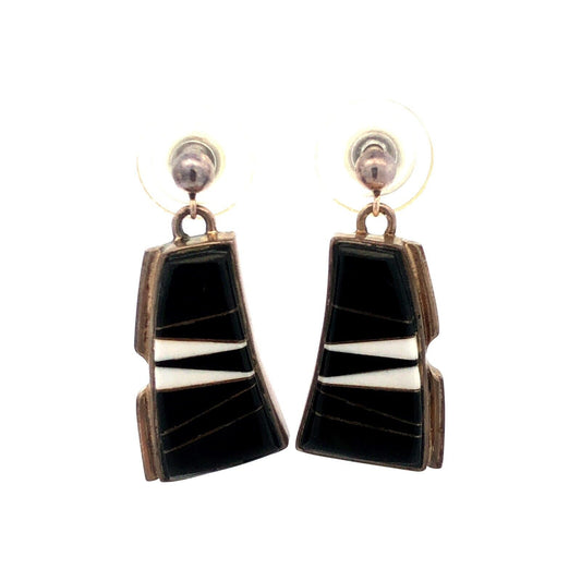 Navajo Calvin Begay Sterling Silver Black Onyx White Agate Dangle Earrings