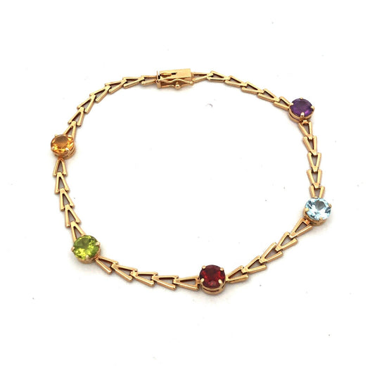 Gorgeous 14k Yellow Gold Multi-Gemstone Mother's Triangle Link Bracelet
