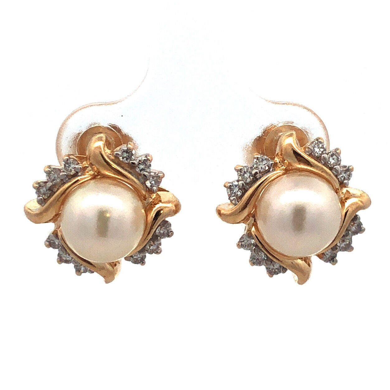 Designer 14K Yellow Gold Pearl Diamond Halo Statement Stud Earrings