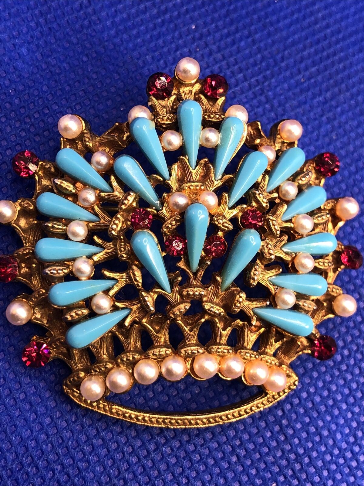 Mid Century HAR Gold-Toned Faux Turquoise Brooch Clip Earring Set