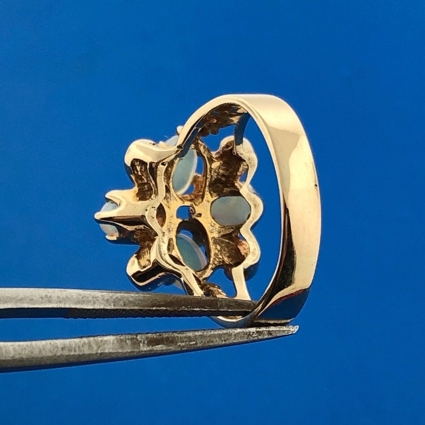 Mid Century 14K Yellow Gold Oval Opal Cabochon Floral Scroll Butterfly Ring