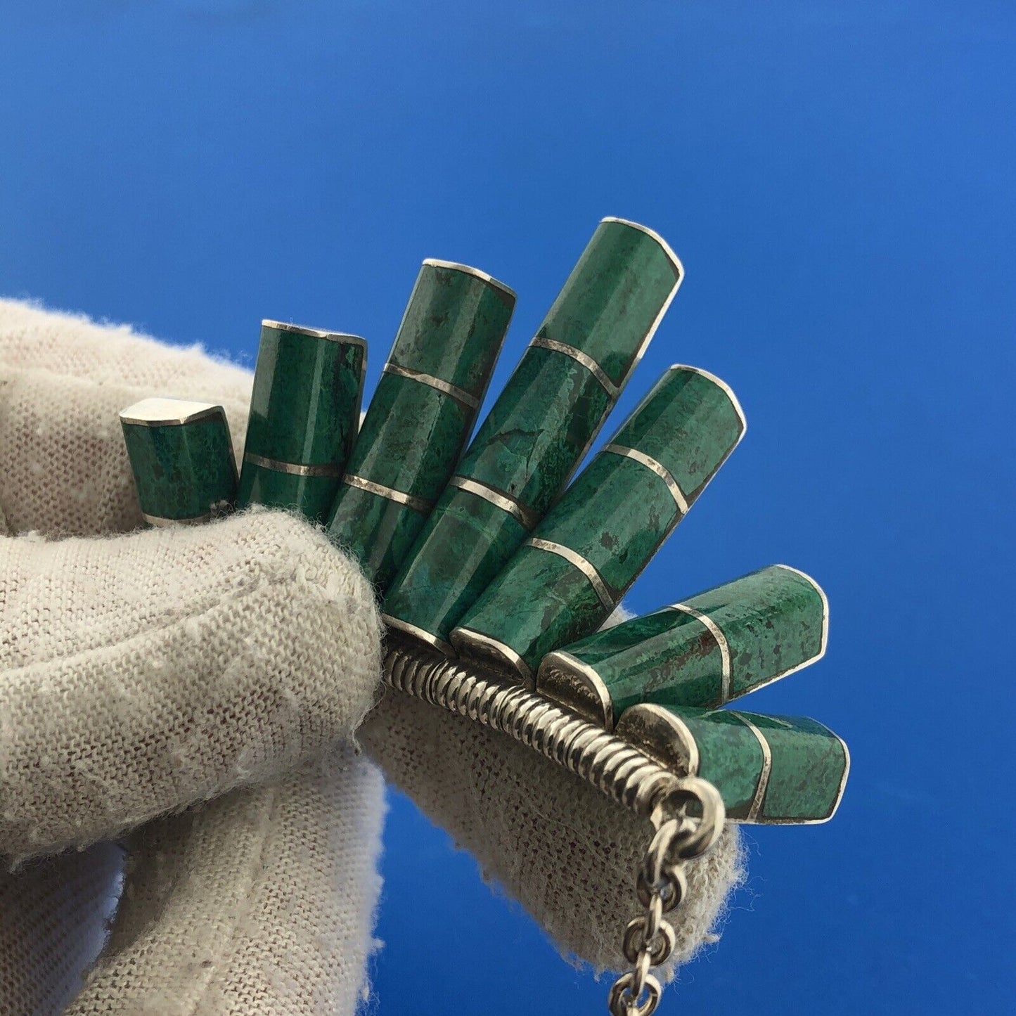 Estate Modernist 925 Sterling Silver 925 Malachite Abstract Statement Necklace