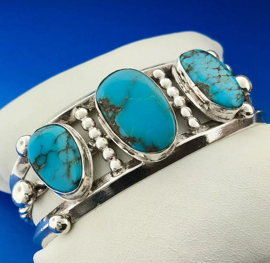 Estate Native American Sterling Silver Turquoise Chunky Cabochon Cuff Bracelet