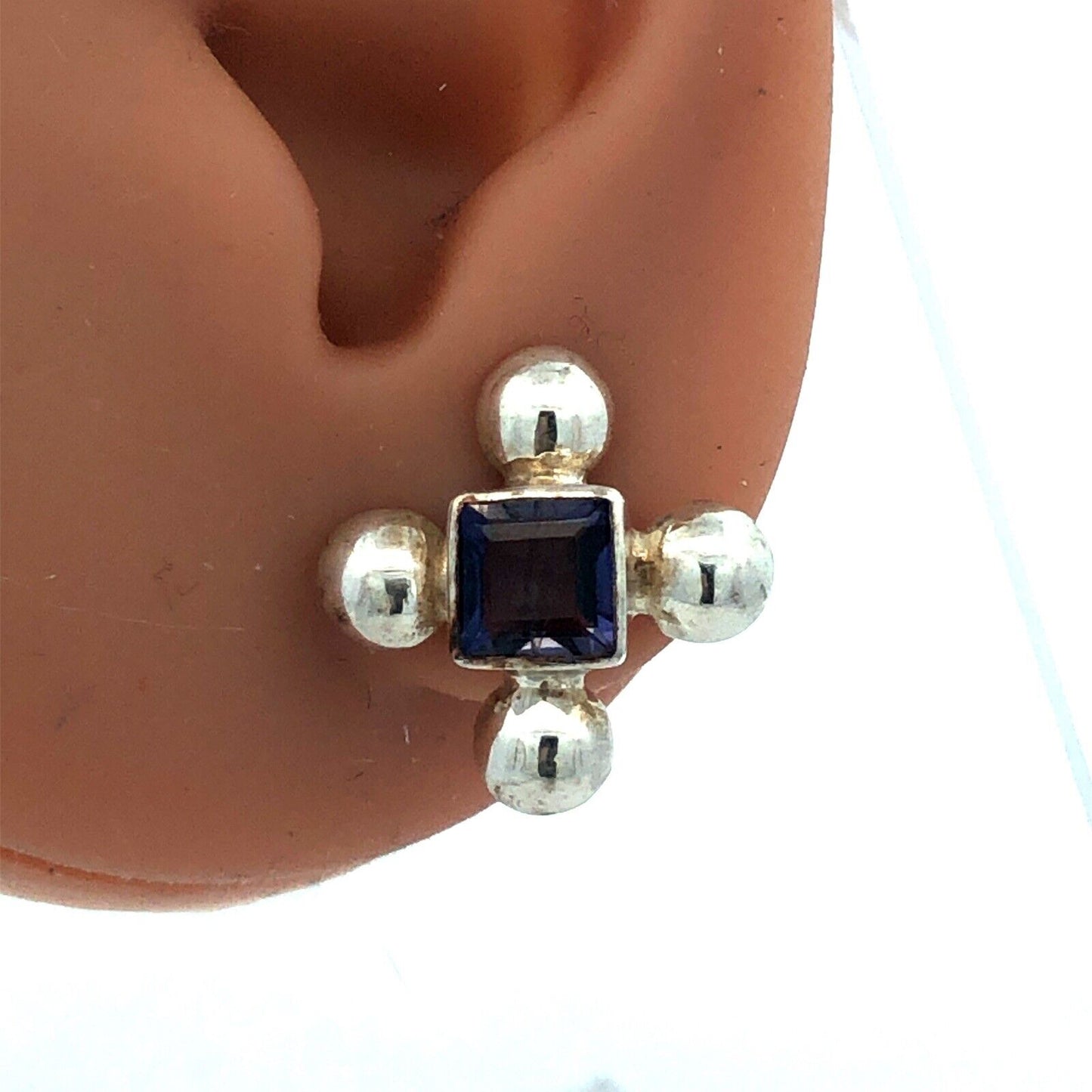Vintage 925 Sterling Silver Square Purple Amethyst Cross Stud Earrings
