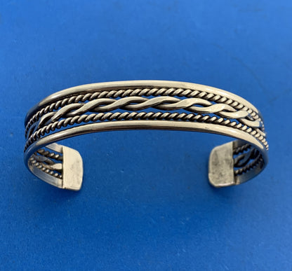 Vintage 925 Sterling Silver Ribbed Braided Rope Open Cuff Bracelet