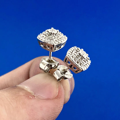 Elegant Sterling Silver 925 Diamond Three Tier Square Cluster Stud Earrings