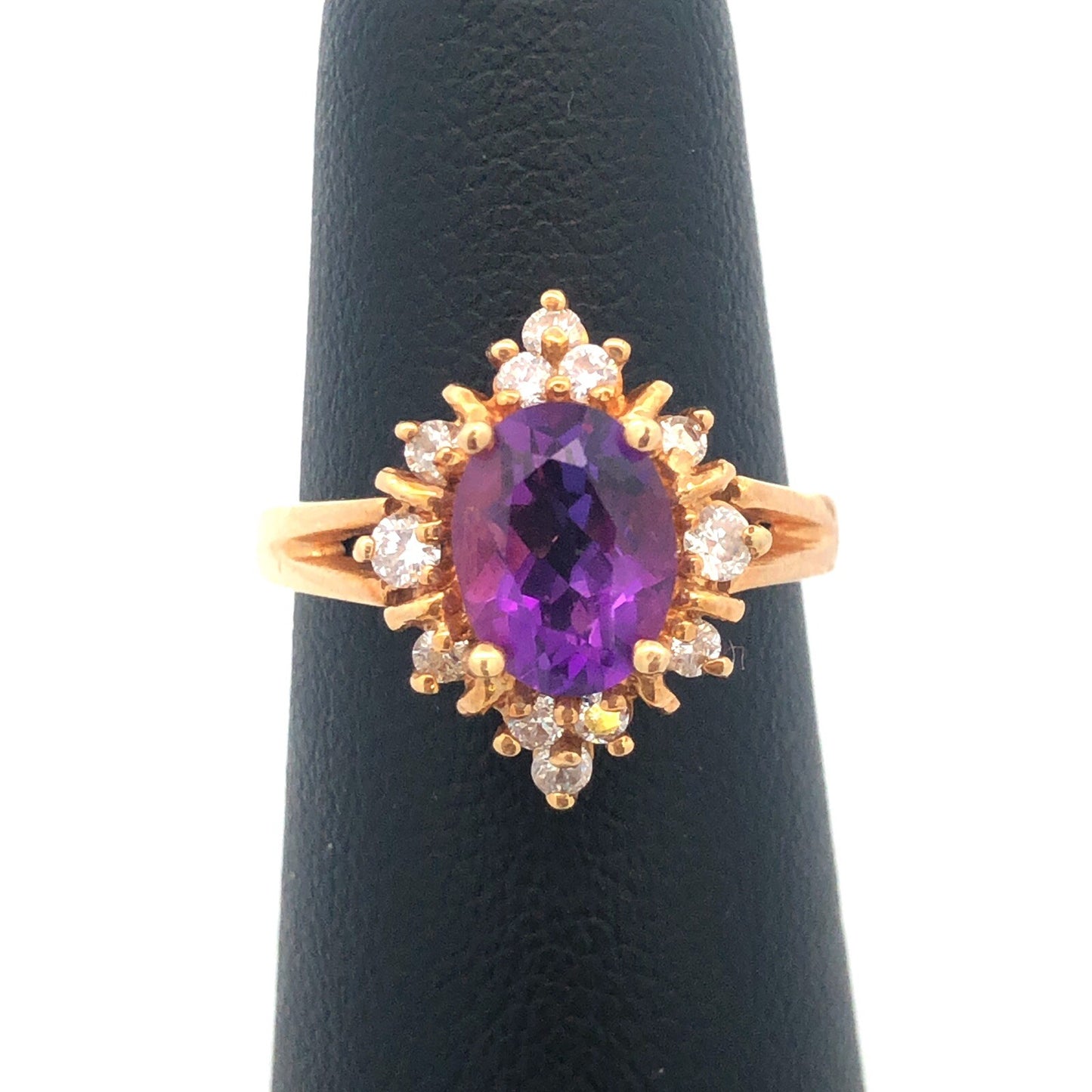 14K Yellow Gold Amethyst Diamond Halo Starburst Cluster February Cocktail Ring