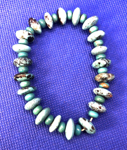 Estate Flat Round Beaded Natural Turquoise Elastic Cord Bracelet