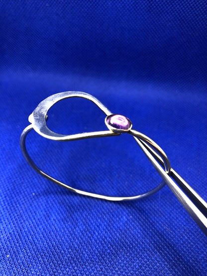 Oval Amethyst 925 Sterling Silver Cutout Hook Clasp Round Bangle Bracelet