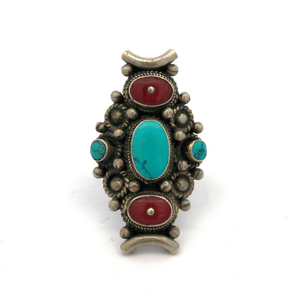 Native American Silver Plate Oval Turquoise Red Coral Detailed Statement Ring