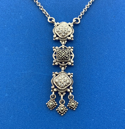 Stunning Sterling Silver 925 Round Sparkling CZ & Marcasite 17" Chain Necklace