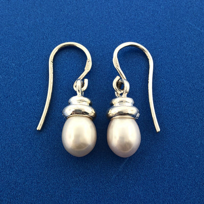 Stunning Sterling Silver 925 Elongated White Pearl Bulb Dangle Hook Earrings
