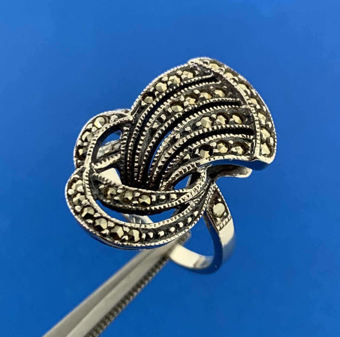 Estate Art Deco 925 Sterling Silver Marcasite Free Form Statement Cocktail Ring