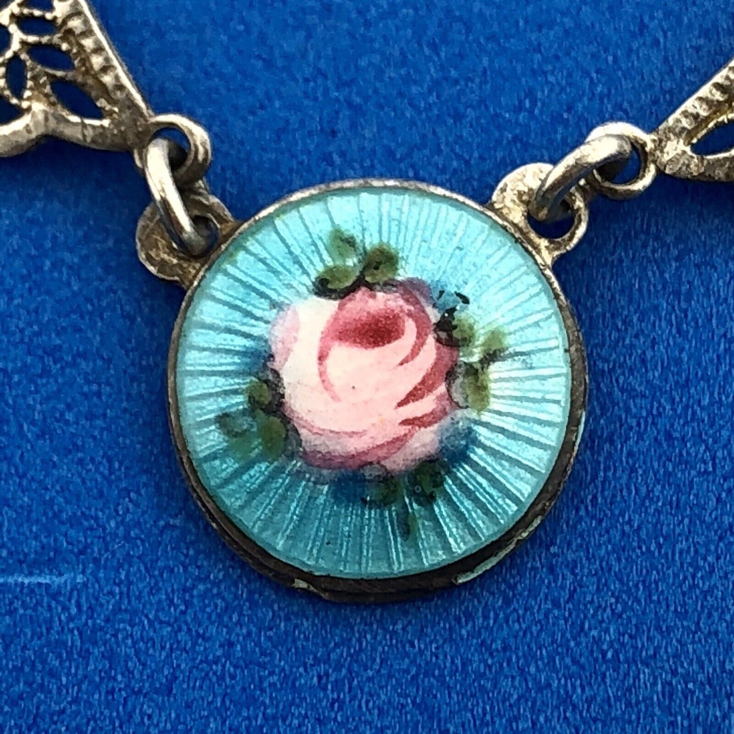Victorian Sterling Silver 925 Guilloche Enamel Rose Filigree Childs Necklace