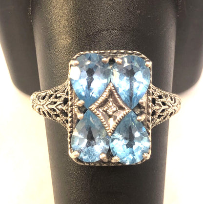 Designer CNA 925 Sterling Silver Blue Topaz and Diamond Accent Rectangle Ring