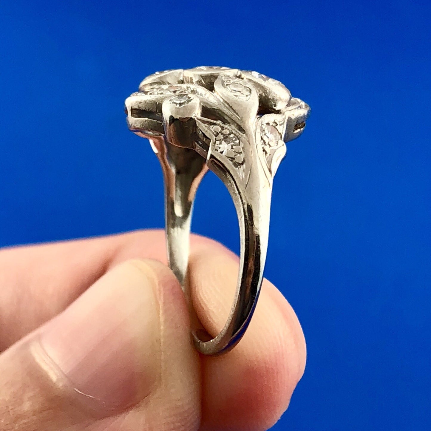 Art Nouveau Art Deco Platinum Diamond Floral Cluster Engagement Cocktail Ring