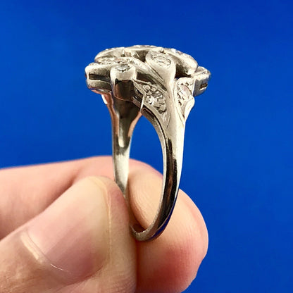 Art Nouveau Art Deco Platinum Diamond Floral Cluster Engagement Cocktail Ring