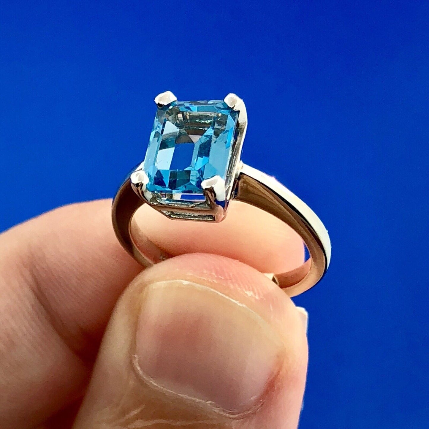 14K White Gold Emerald Cut Blue Topaz Solitaire Statement December Occasion Ring