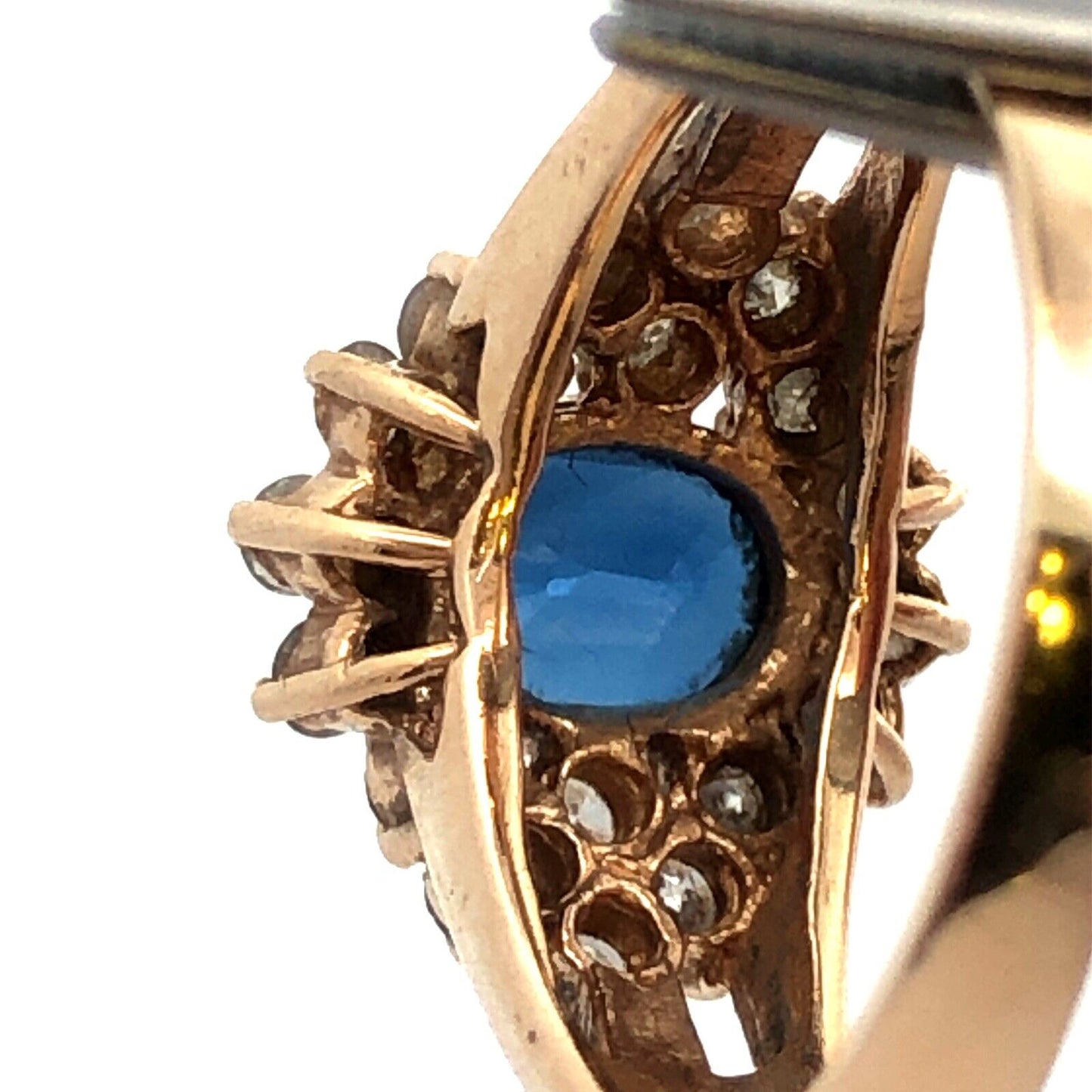 Vintage 14K Yellow Gold Oval Blue Sapphire Round Diamond Halo Anniversary Ring