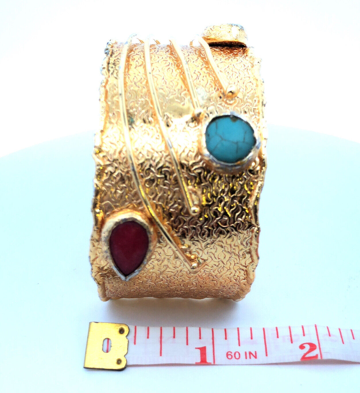 Retro Gold Tone Lapis Lazuli Turquoise Pink Tourmaline Wide Open Cuff Bracelet