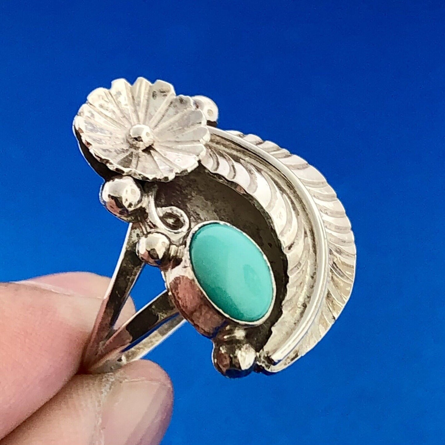 Native American Artisan Signed DG 925 Sterling Silver Turquoise Feather Ring